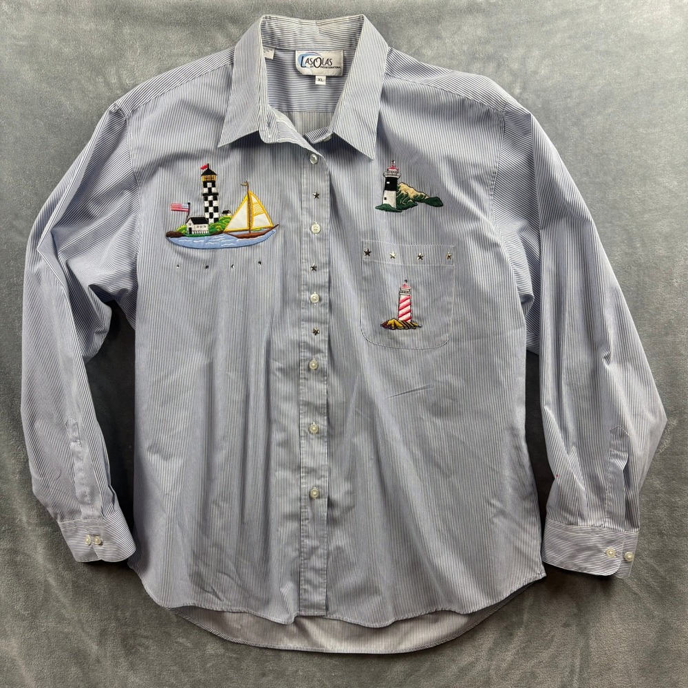 Nautical Lighthouse Embroidered Shirt XL Blue Stripe Coastal‎ Button Up Resort - Picture 12 of 13
